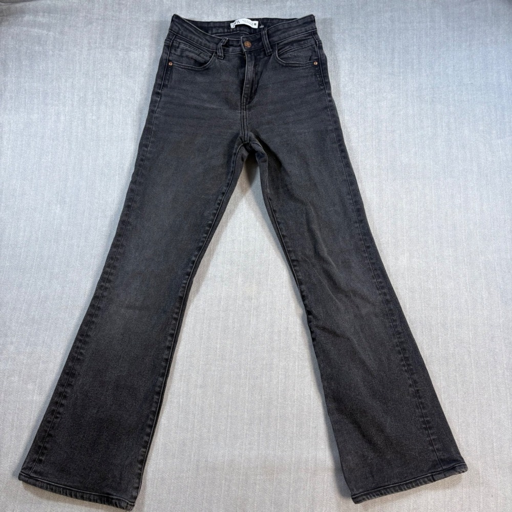 Zara Jeans Womens 4 Faded Black Flare High Rise Premium Crafted Denim